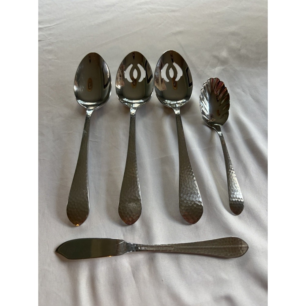 Reed and Barton 5pc Stainless Steel Hammered Handle Serving Set Spoons & Spreade